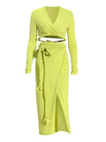 Fashion Women's 2 Pcs Set New V-neck Long Sleeve Bandage Tops And Lace Up Waist Mid-calf Skirt Female Summer 2023