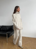 High-Neck Open Fork Wool Sweater Set Women's Loose Casual Lazy Knitting Trousers
