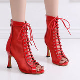 New Stye Salsa Jazz Outdoor Indoor Social Latin Dance Shoes for Dancing Women High Heels Ballroom Mesh Red Professional