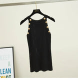Women Soild Button Hollow Out Thin Knitted Tank Tops Female Girls Double Breasted Knit Sleeveless Sweater