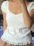 Paneled Lace White Puff Sleeve Blouse-Outfit