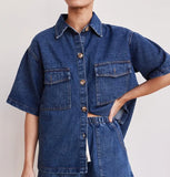 2025 New Vintage Casual Pocket Short Sleeve Shirt Shorts Denim Set