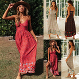 Summer New Large Swing Skirt Women's Bohemian V Tie Sling Broken Floral