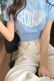 Tshirts Women Letter Print Knitted Black T Shirt Fashion Summer Casual Tees Korean T-shirt Crop Tops 2023 Ropa Mujer
