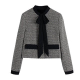 2022 Bow Tweed Blazer Women Vintage Cropped Jacket Woman Rhinestone Button Elegant Female Blazer Long Sleeve Jacket