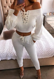 White Lace-Up Off Shoulder Crop Top and Pants