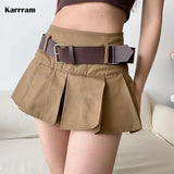 Casual Brown Pleated Mini Skirt Ladies High Waisted Short Skirts Womens With Belt Korean Fashion 90s Summer