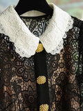 Black Lace Dress Women Single-breasted Lapel Neck Elegant Vestido Dresses Lady Golden Button Hollow Out Hook Sexy