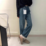 Blue Plus Velvet Jeans Children New Spring And Autumn High-Rise Thin Small Narrow Version Of Straight Broad Leg Pants