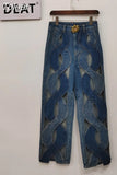 Fashion Women's Jeans High Waist Cross Contrast Color Hollow Out Metal Button Straight Denim Pants Summer 2023 New