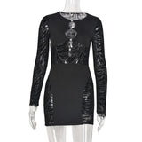 Sisterlinda Autumn Sexy See Through Bodycon Mini Dress Women Casual Street Short Sleeve Hollow Out Party Clubwaer Female