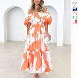 Spring And Summer Temperament Elegant Print Shoulder Bubble Sleeve Fashion