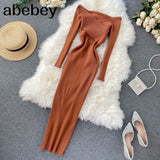2022 Off Shoulder Cross Criss Autumn Knit Sweater Midi Long Dress Bodycon Party Winter Sexy Women Casual elegant