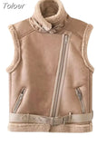 MODA Autumn Women Thick Warm Faux Leather Vest Jacket With Belt Ladies Fashion Sleeveless Waistcoat Coat Female Chic
