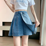 VAREY LIN New Summer Irregular Denim Shorts Skirts Women Casual Buttons High Waist A-line Shorts Lady Fashion Blue