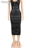 PU Leather Elegant Slim Fit Party Dress Women Spaghetti Strap Sleeveless Wrap Dress Sexy Backless High Split Skinny