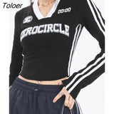 Korean Fashion Letter Print Crop Tops Casual Side Stripe Long Sleeve T-shirts American Retro Slim V Neck Pullovers