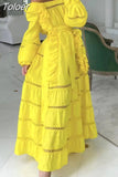 Vintage Solid Long Dress For Women Slash Neck Flare Sleeve Patchwork Edible Tree Fungus Cut Out Dresses Female 2023