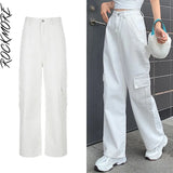 Rockmore Brown Vintage Baggy Jeans Women 90s Streetwear Pockets Wide Leg Cargo Pants Low Waist Straight Denim Trousers
