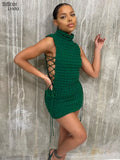 Sisterlinda Stacked Plaid Bandage Hollow Sexy Y2K Dress Women Sleeveless Turtleneck String Bodycon Party Clubwear Female