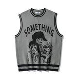 Harajuku College Knitted Tank Top Sweater Men's and Women's Street Hip Hop Cartoon Anime Pattern O-Neck Sleeveless