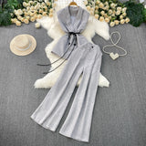 Gray West Assembly V-Neck Double Buckle Vest Sleeveless Waist Blouse + High Waist-High-Scretch Broad-Legged Trousers