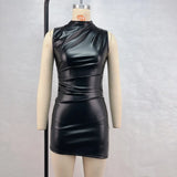 Toloer Women's 2024 Vertical Collar Sleeveless Pleated Purse Buttock Dress Irregular PU Leather Dress-Outfit