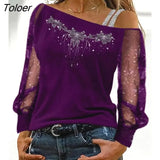 for Women 2023 Casual Daily T-shirts Glitter Sheer Mesh Long Sleeve Top Fashion Ladies Blouses Europe and America