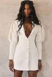 Fashion White Puff Long Sleeve Button Up Midi