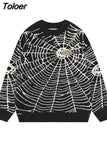 American Street Sweater Hippie Spider Web Hip Hop Knit Sweater Casual Loose Pullover Sweater Black