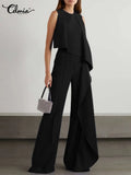 Summer Asymmetrical Jumpsuits O-neck Fashion Sleeveless Women Wide Leg Pant Overalls Ruffles Holiday Casual Long