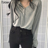Sleeve T-shirts Women Solid Buttons Loose Spring Simple Tops Korean-style Chic Female Autumn Ulzzang All-match Outwear