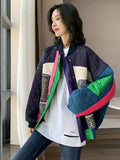Korean Colorblock Parkas For Women Round Neck Long Sleeve Single Breasted Irregular Loose Coats Female Clothing