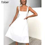 Casual Solid Dress Women Midi Long Summer Sexy Backless Slip Dresses Ruched Fashion Elegant Party Clothes Leisure