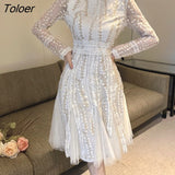 Lace Vintage Dress Women 2023 Long-sleeve White Mesh Party Dresses Female High Waist Runway Design