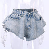 Denim Shorts For Female High Waist Pockets Sexy Ruffles Wide Leg Short Women's Solid Trousers 2023 Summer