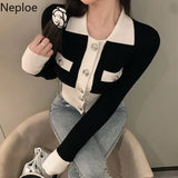 Cropped Cardigan Women Temperament Knitted Sweater Turn-down Collar Long Sleeve Sueter Mujer Contrast Color Coat