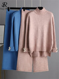 Winter Women Loose Sweater Sets Turtleneck Warm Sweater Top+Wide Leg Long Pants Women Casual Knitted Two Pieces