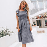 Graduation party Vintage striped women dresses long dress Ruffle sleeve linen elegant dresses Casual ruched fashion female vestidos