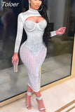 Hot Drill Mesh Spliced Party Dress Female Hollow Front Cleavage Long Sleeve Vestidos Luxury Nightclub Partywear
