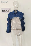 Fashion Women's Coat Slim Lapel Single Breasted Pile Up Sleeves Super Short Blue Denim Jackets Summer 2023 New