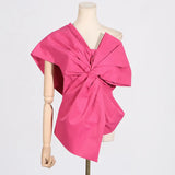 Toloer 2024 New Fashion Temperament Pure Color Asymmetric Collar Bow Decorative Splicing Design Sense Women's Top-Outfit