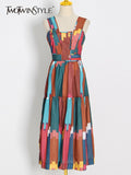 Sling Dress For Women Square Collar Sleeveless High Waist Print Colorblock Midi Dresses Female Summer Clothing
