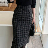 Tweed Plaid Women Skirt Korean Fashion Jupe High Waist Black Long Skirts Vintage Bodycon Skirts Faldas Mujer De