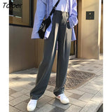 Black Suit Pants Women Spring Office Lady Straight Trousers Solid Color High Waist Pockets Pants Gray Button Zipper