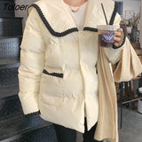 Korean Patchwork Loose Parka Coat Women 2023 Winter Navy Lapel Long Sleeve Jackets Woman Button Up Cotton Padded