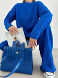 Women Casual Knitted Suits Elegant O-Neck Pullover Tops And Wide Leg Trousers 2 Piece Set 2022 Fashion Warm