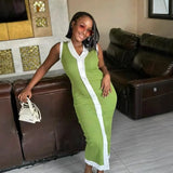 Collising Thread Single-Dlong V-Neck Sleeveless Elastic Knitted Mid-Long