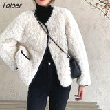 Autumn Winter Lamb Wool Coat Women Korean Round Neck Thicken Warm Jacket Woman Long Sleeve Pockets Plush Jackets