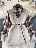 2022 Winter Casual Sweater Sets Loose Long Knit Tank Top+Spliced Plaid Blouse Women Retro OL Knitted Two Pieces